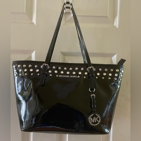 Michael Kors Handbags - Michael Kors Black Patent Leather Rhinestones Studded Tote good used condition